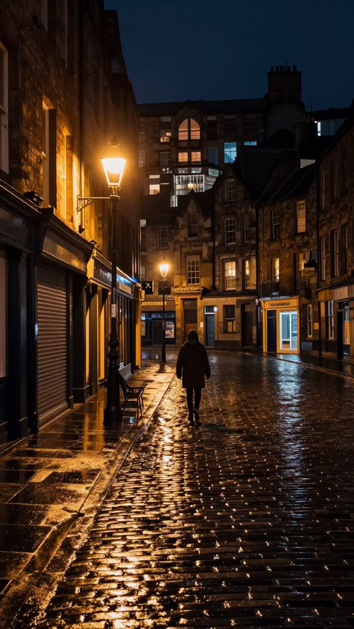 Edinburgh Night Street Scene with Wet Cobblestones and Vintage Street Lamps in in Edinburgh, United Kingdom