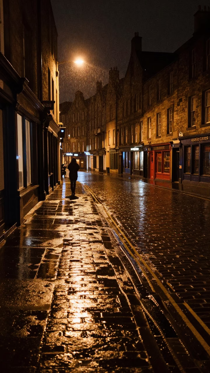 Edinburgh Night Street Scene with Wicker Shadow and Rain-Slicked Cobblestones in in Edinburgh, United Kingdom