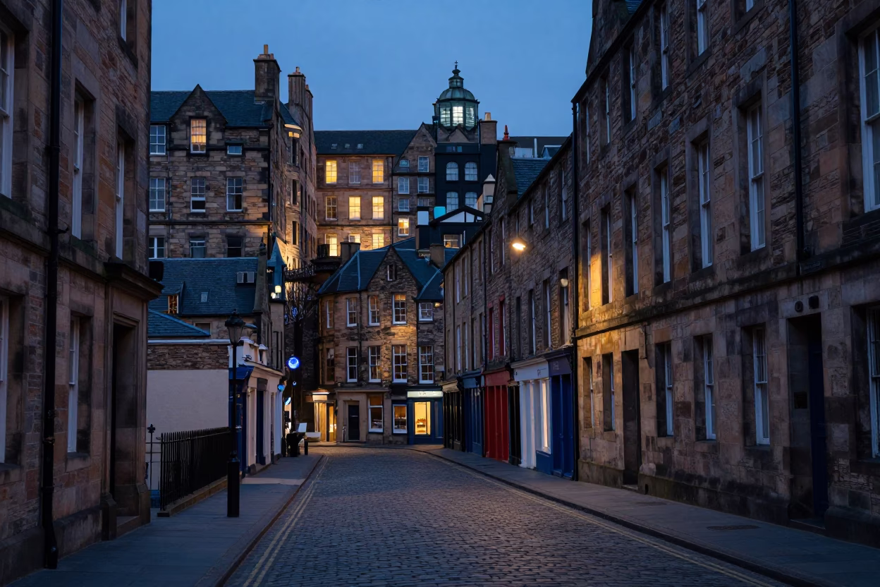 Edinburgh Old Town cobblestone street at dusk with historic sandstone buildings and evening shadows in in Edinburgh, United Kingdom