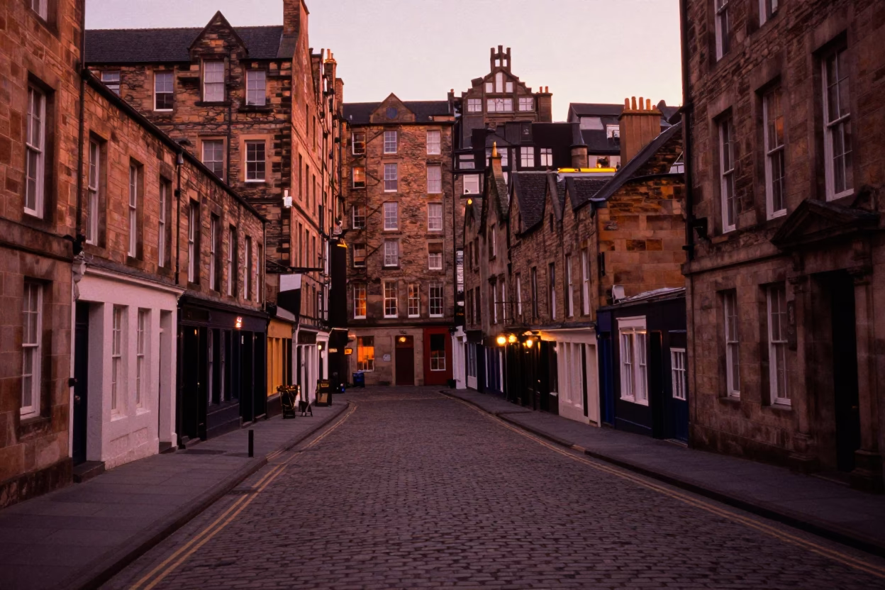 Edinburgh Old Town Cobblestone Street at Dusk with Terracotta Planters in in Edinburgh, United Kingdom