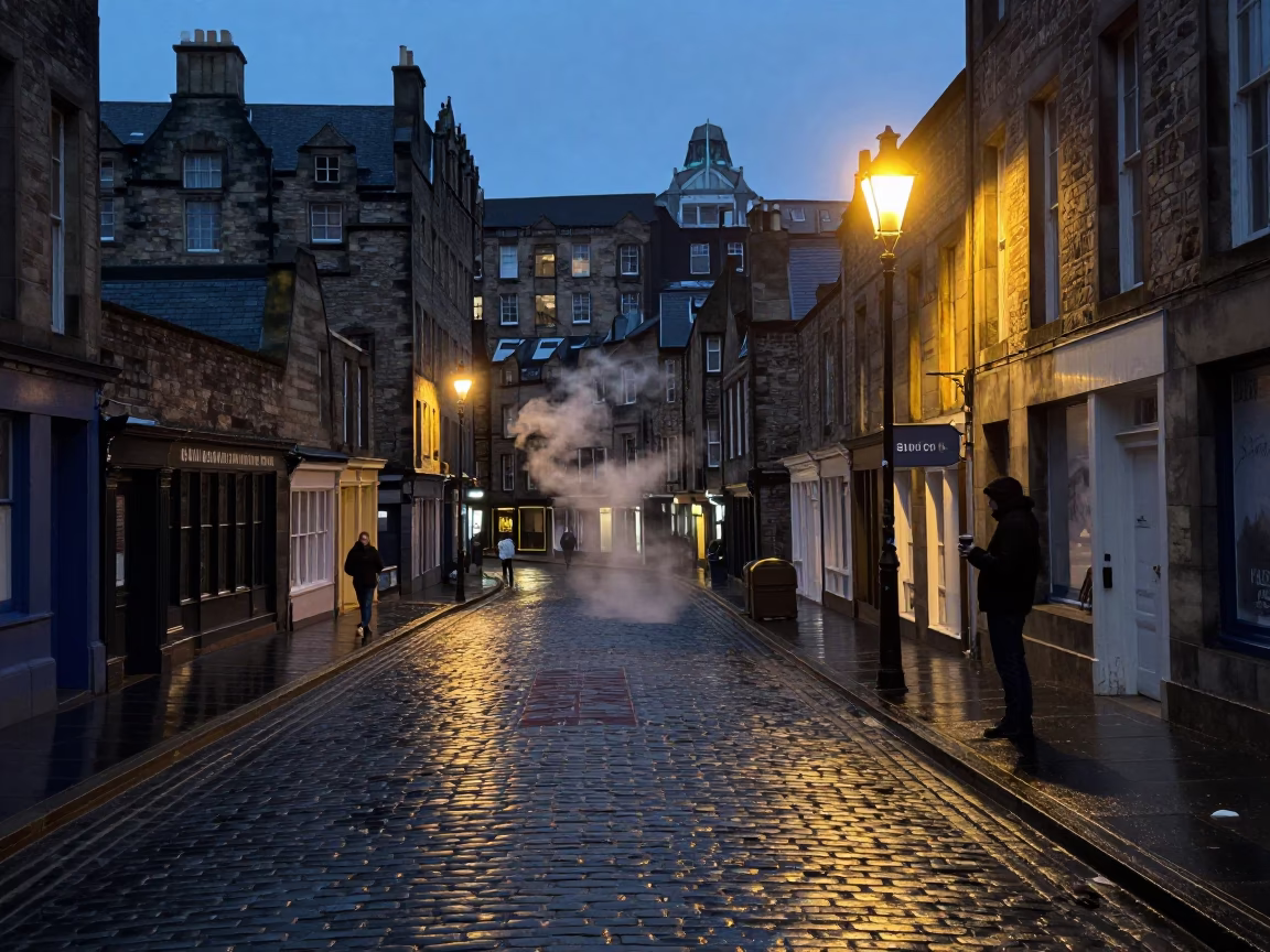 Edinburgh Old Town cobblestone street predawn light with steam rising from coffee cup in in Edinburgh, United Kingdom
