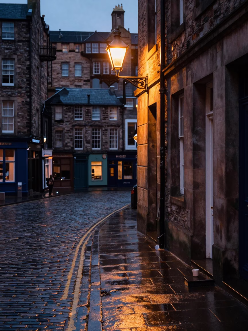 Edinburgh Old Town Cobblestones and Streetlamp Glow Before Dawn with Ceramic Cup and Ferns in in Edinburgh, United Kingdom