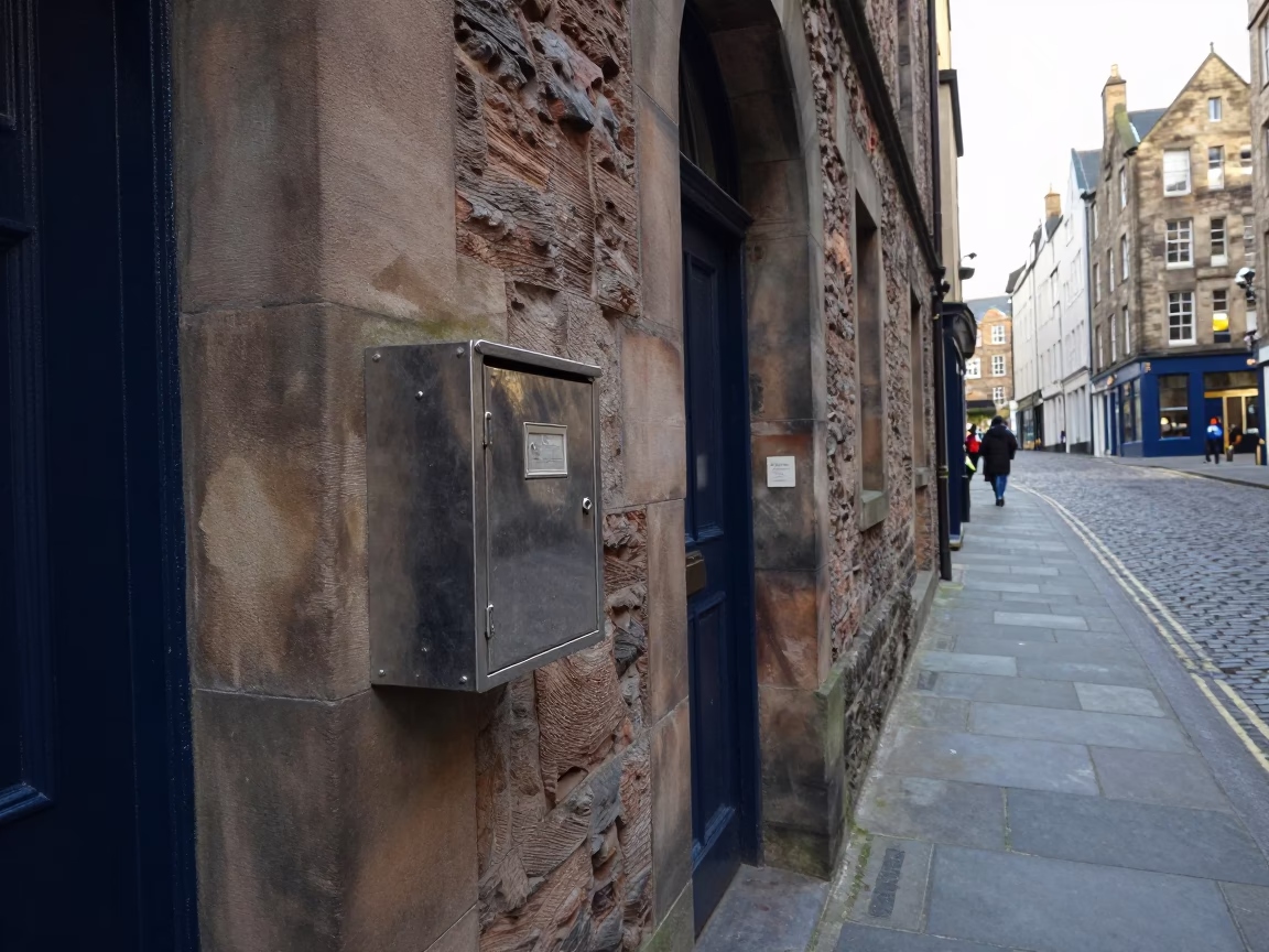 Edinburgh Old Town Street Scene Late Afternoon with Lockbox and Urban Details in in Edinburgh, United Kingdom