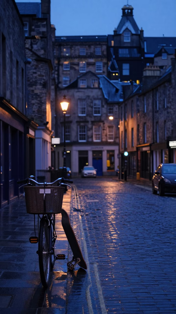 Edinburgh Pre-Dawn Street Scene with Bicycle Basket and Skateboard on Cobblestones in in Edinburgh, United Kingdom