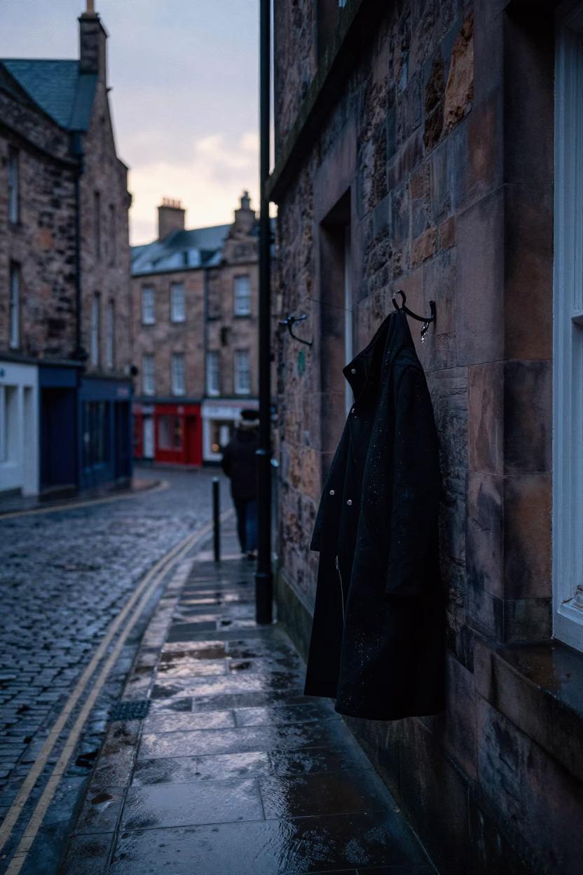 Edinburgh Pre-Dawn Street Scene with Coat Hook and Dripping Sluice Gate in in Edinburgh, United Kingdom
