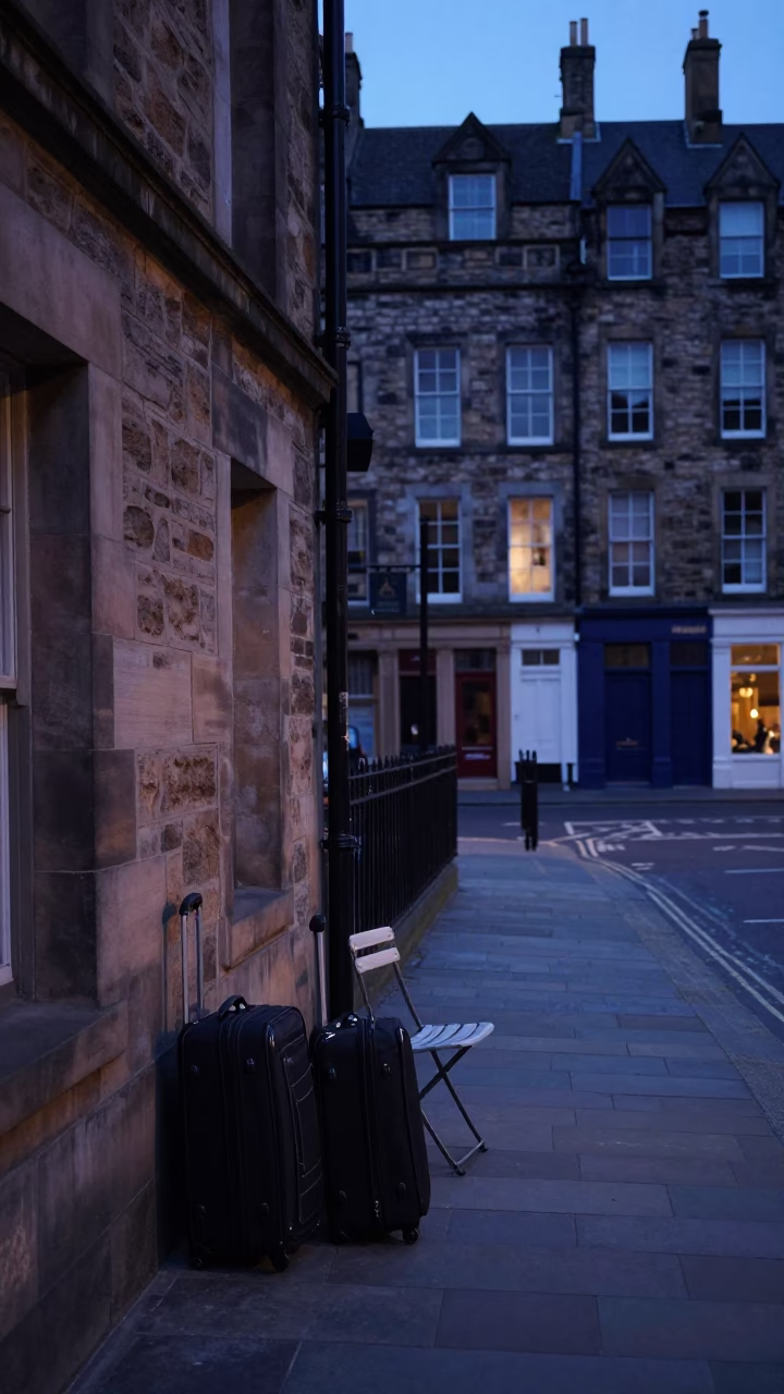 Edinburgh Pre-Dawn Street Scene with Suitcases and Folding Chair in in Edinburgh, United Kingdom