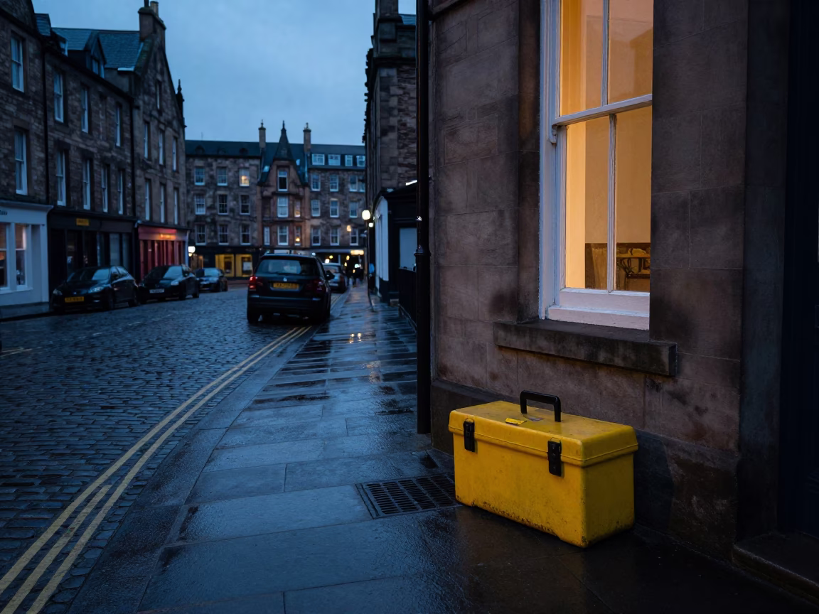 Edinburgh Pre-Dawn Street Scene with Toolbox and Window Light on Drain in in Edinburgh, United Kingdom