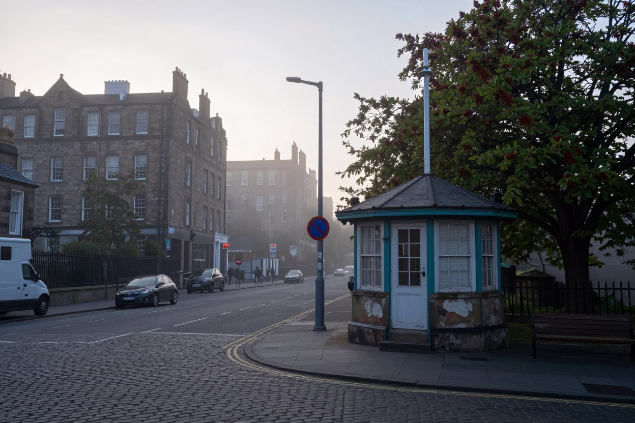 Edinburgh Pre-Dawn Street Scene with Weather Station and Chestnut Tree in in Edinburgh, United Kingdom