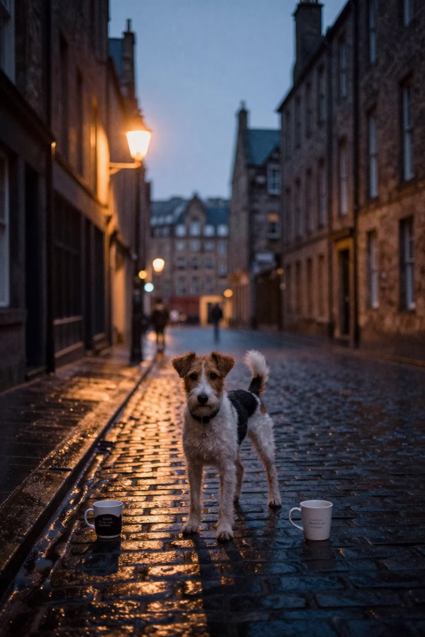 Edinburgh Predawn Street Scene with Jagdterrier and Coffee Mugs in Dark Cobblestone Alley in in Edinburgh, United Kingdom