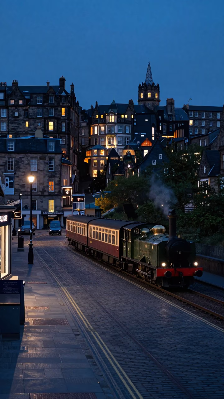 Edinburgh Predawn Street Scene with Vintage Locomotive and Local Details in in Edinburgh, United Kingdom