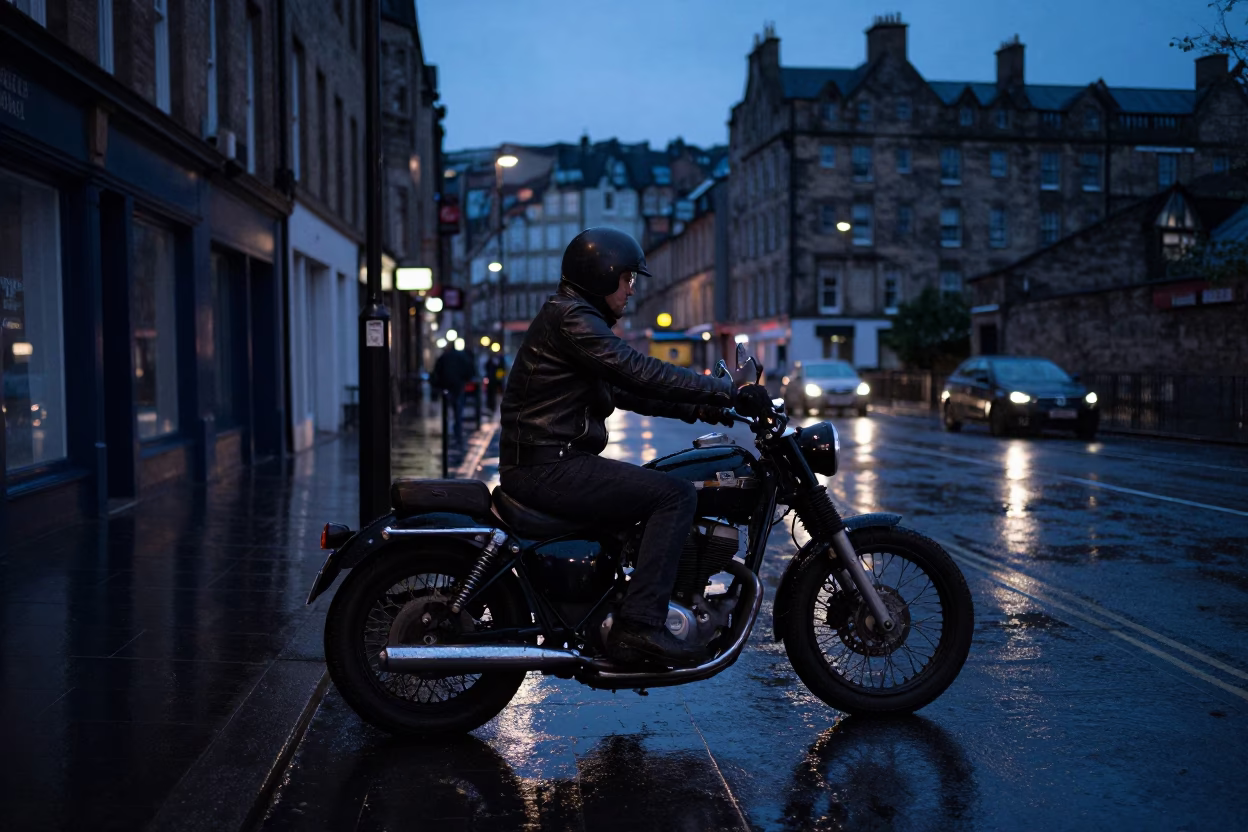 Edinburgh Predawn Street Scene with Vintage Motorcycle and Wet Cobblestones in in Edinburgh, United Kingdom