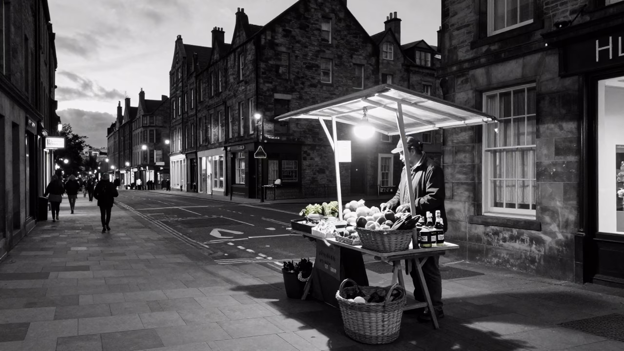 Edinburgh Predawn Street Scene with Woven Basket and Apothecary Scale in Dim Light in in Edinburgh, United Kingdom