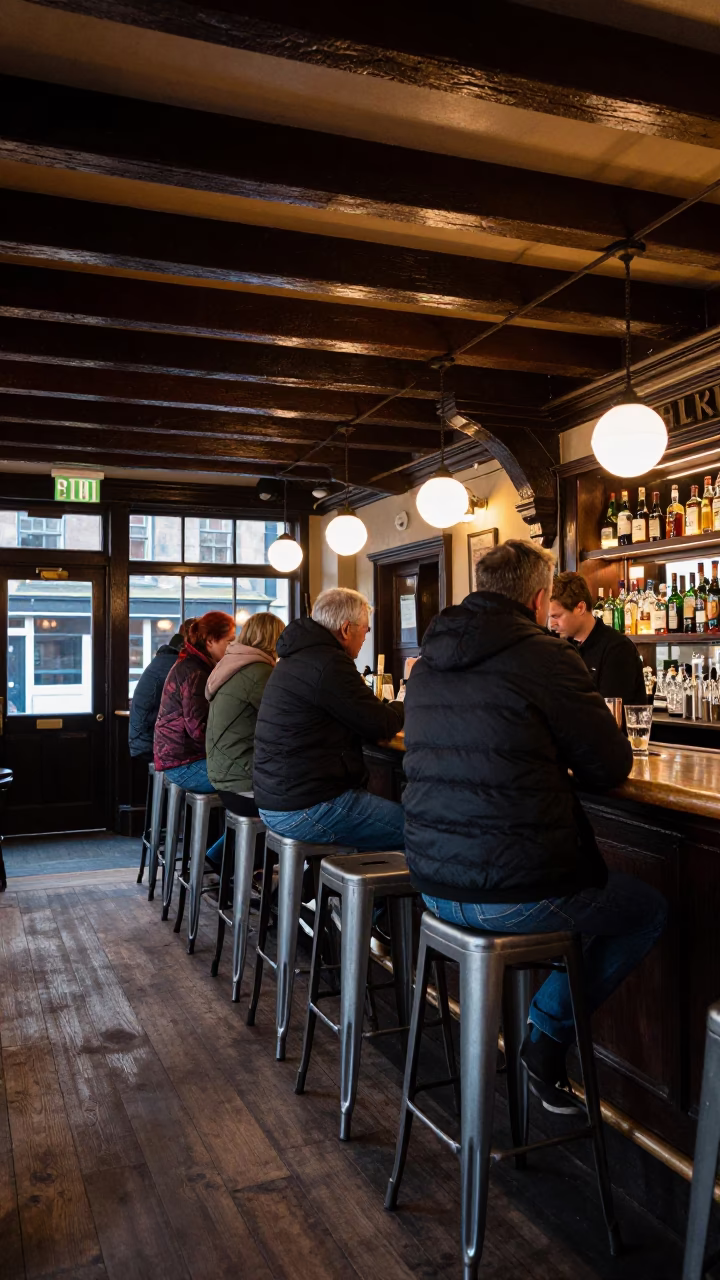 Edinburgh pub interior evening with patrons metal stools and food in in Edinburgh, United Kingdom