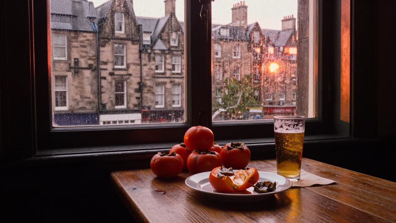 Edinburgh Pub Interior with Persimmons and Condensation in Copper Dusk Light in in Edinburgh, United Kingdom