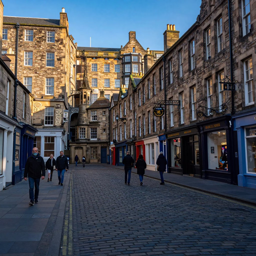 Edinburgh Royal Mile cobblestones and historic stone architecture in late afternoon light in in Edinburgh, United Kingdom