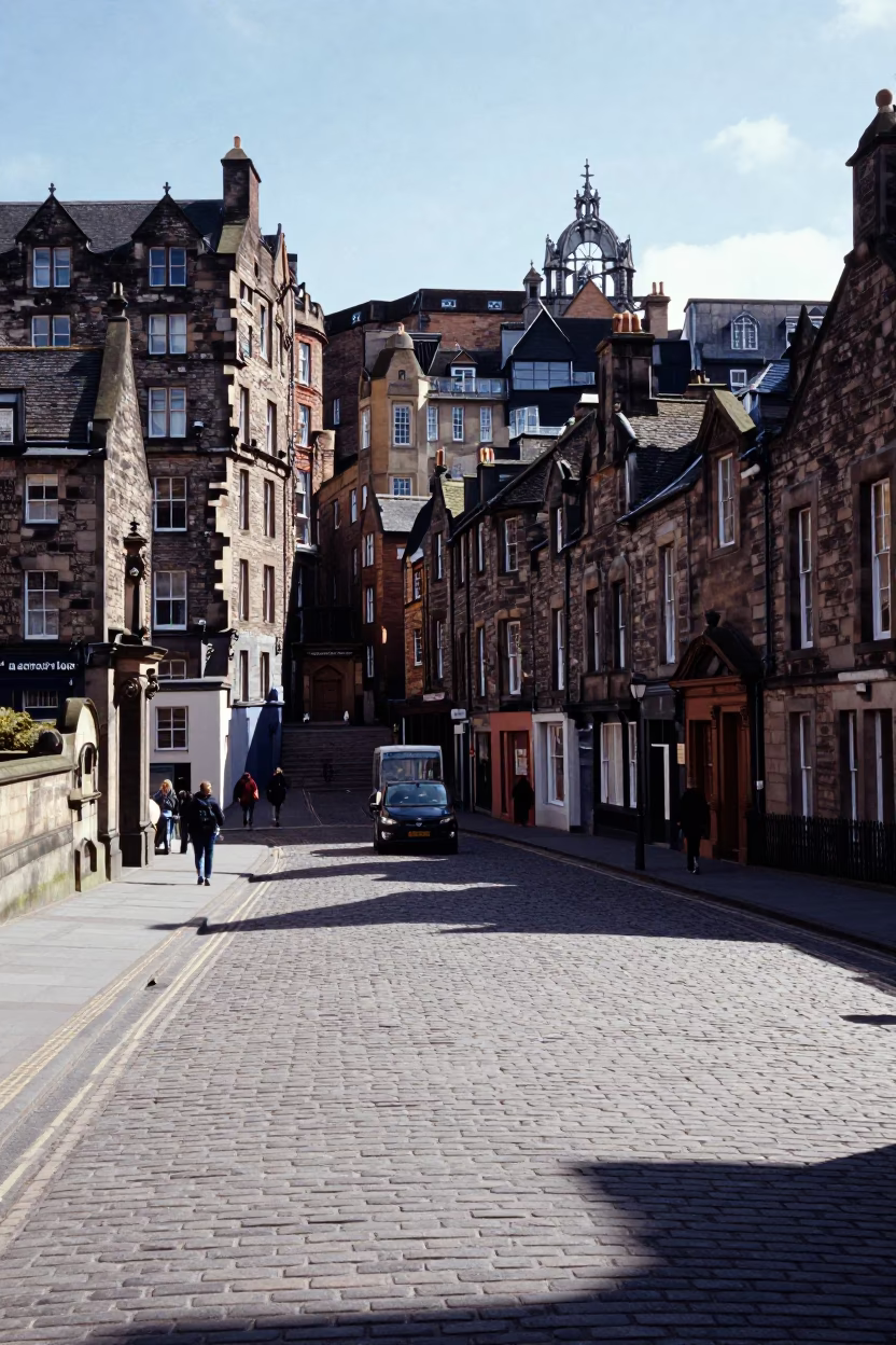 Edinburgh Royal Mile noon light stone architecture street scene in in Edinburgh, United Kingdom
