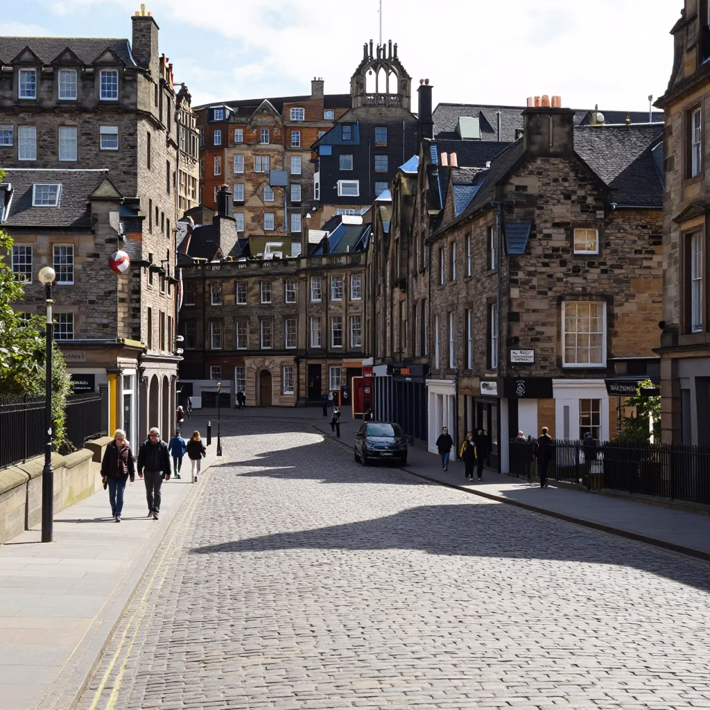 Edinburgh Royal Mile noon light with tourists and historic architecture in in Edinburgh, United Kingdom
