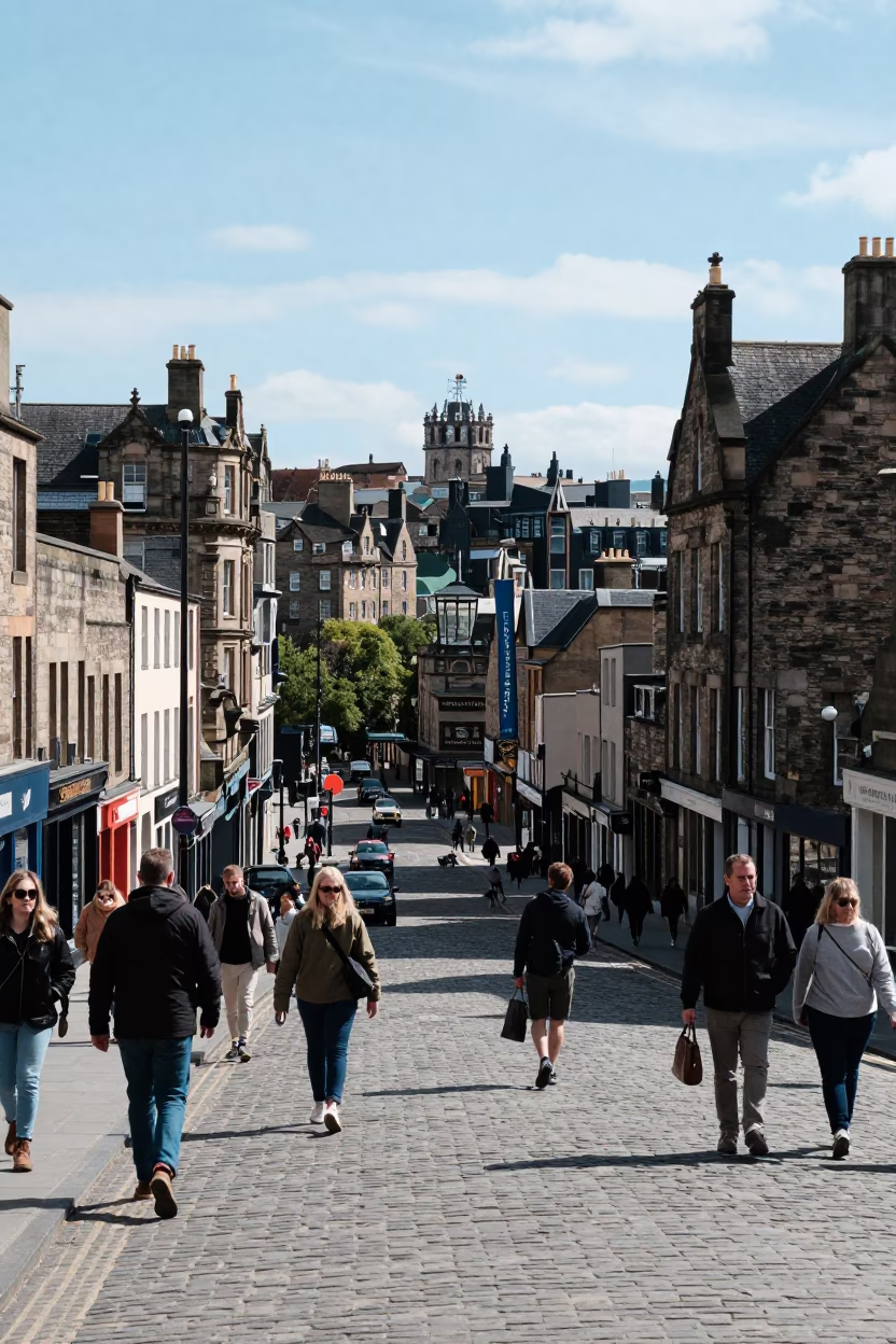 Edinburgh Royal Mile noon street scene with weather radar installation in in Edinburgh, United Kingdom