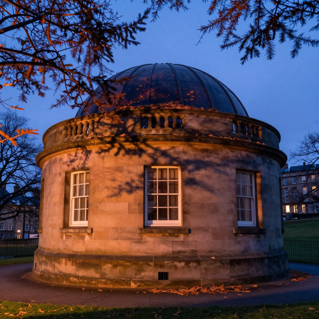 Edinburgh Royal Observatory Exterior at Dusk with Cedar Needles and Stone Architecture in in Edinburgh, United Kingdom