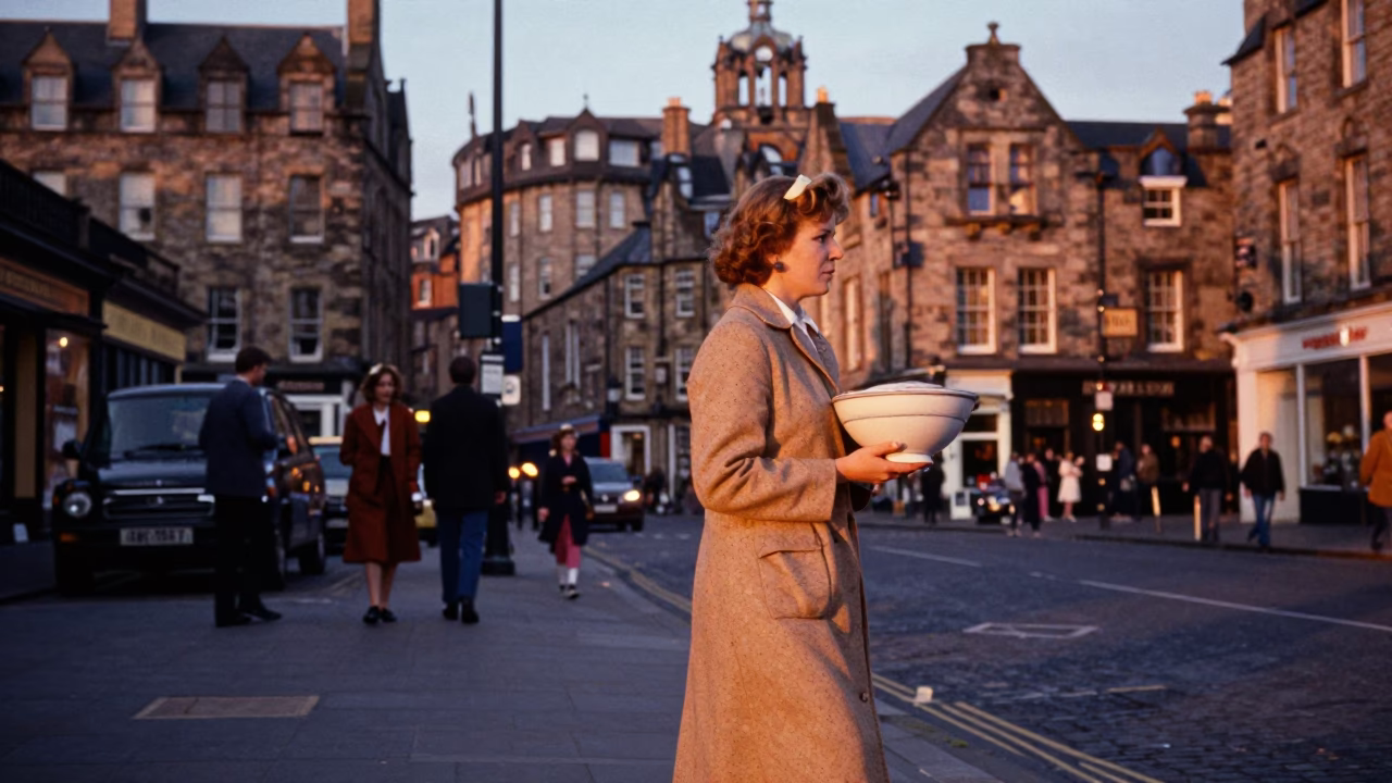 Edinburgh Scotland Copper Light Before Dusk Colorful Realistic 1960s Street Scene in in Edinburgh, United Kingdom
