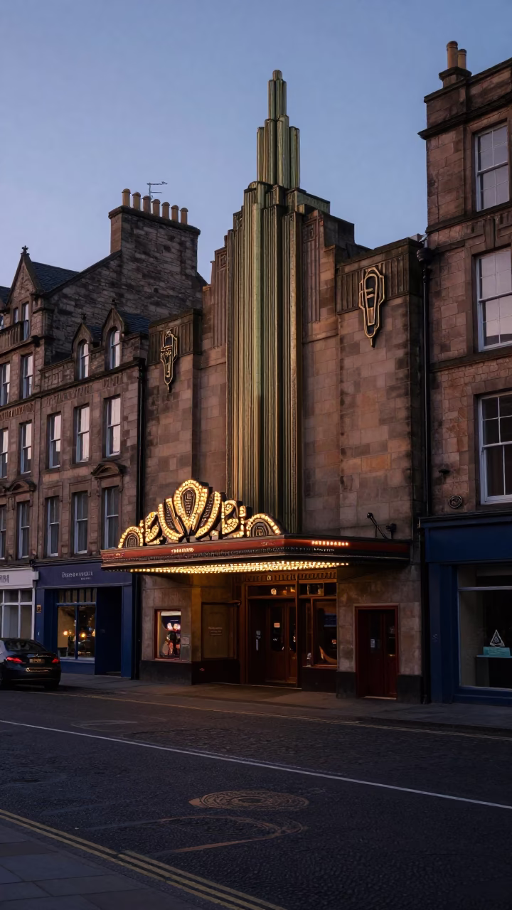 Edinburgh Scotland Dawn Street Scene with Art Deco Cinema Facade and Substation Transformer Yard in in Edinburgh, United Kingdom