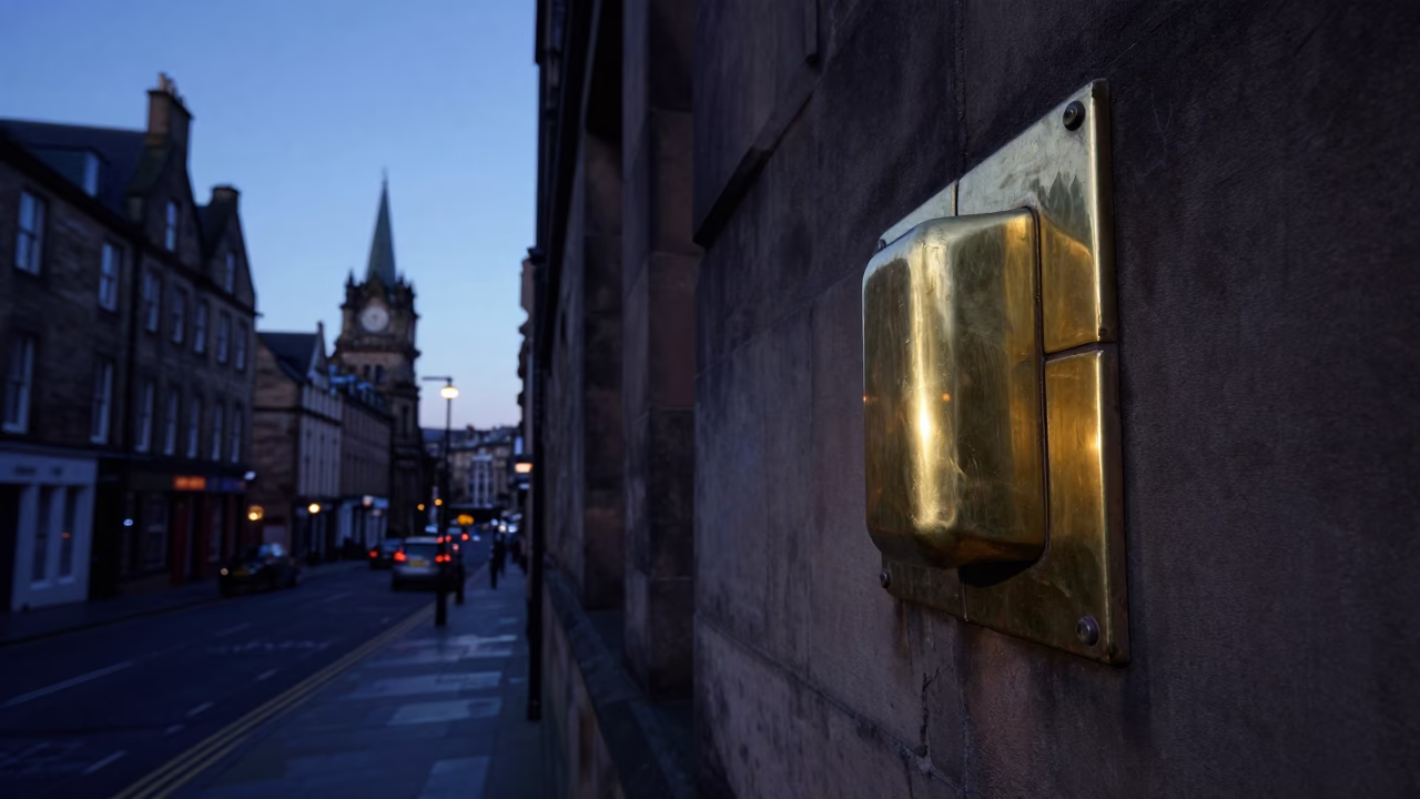 Edinburgh Scotland Dawn Street Scene with Brass Fixture and Urban Architecture in in Edinburgh, United Kingdom