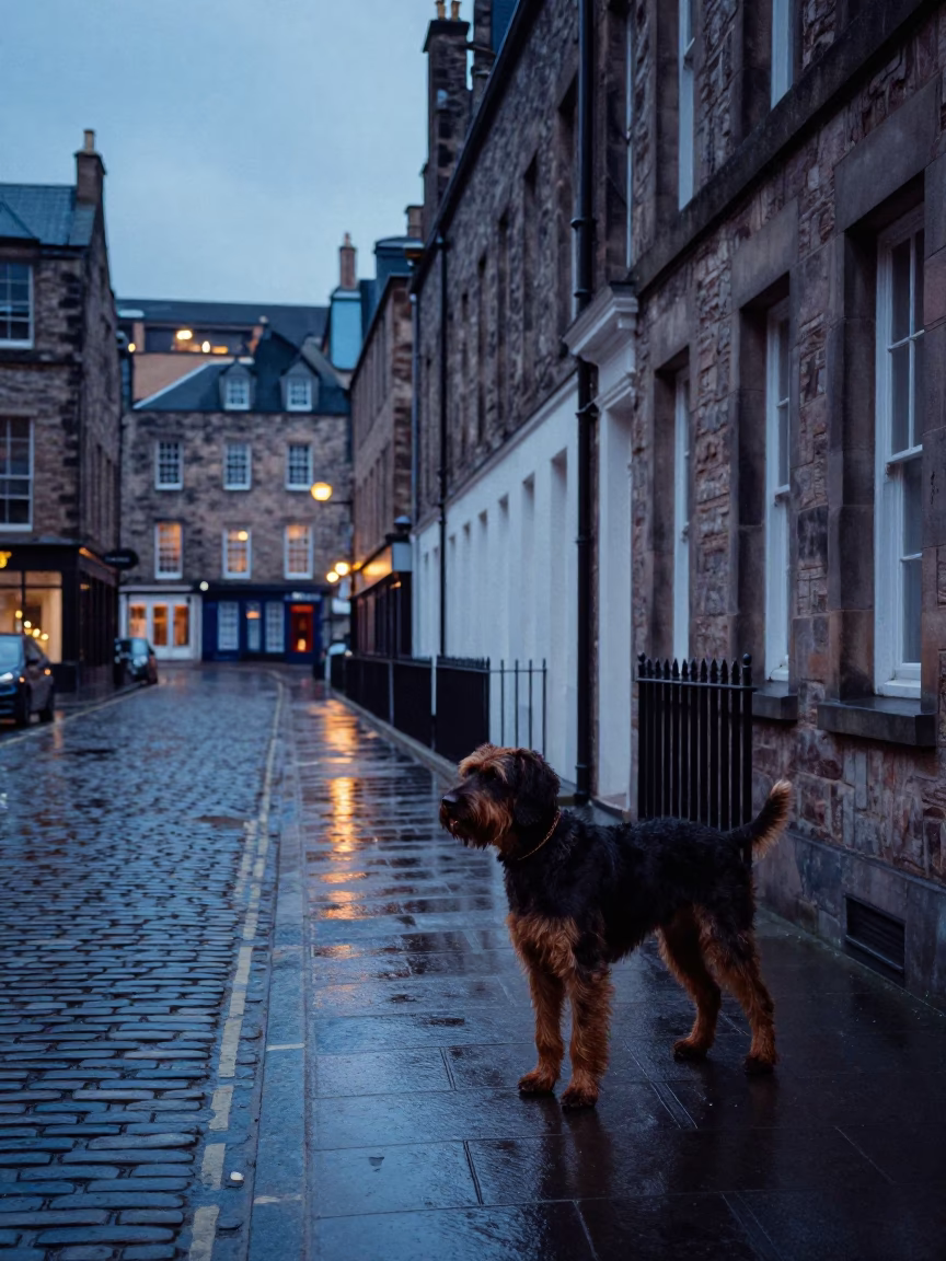 Edinburgh Scotland Dawn Street Scene with German Wirehaired Pointer and Geraniums in in Edinburgh, United Kingdom