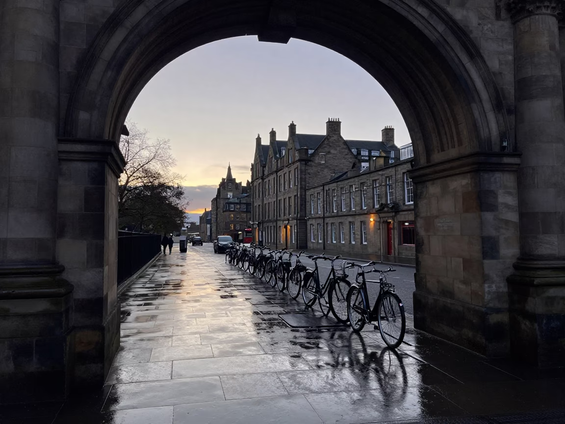 Edinburgh Scotland Dawn University Archway Wet Bicycle Rack and Chestnut Tree Husks in in Edinburgh, United Kingdom