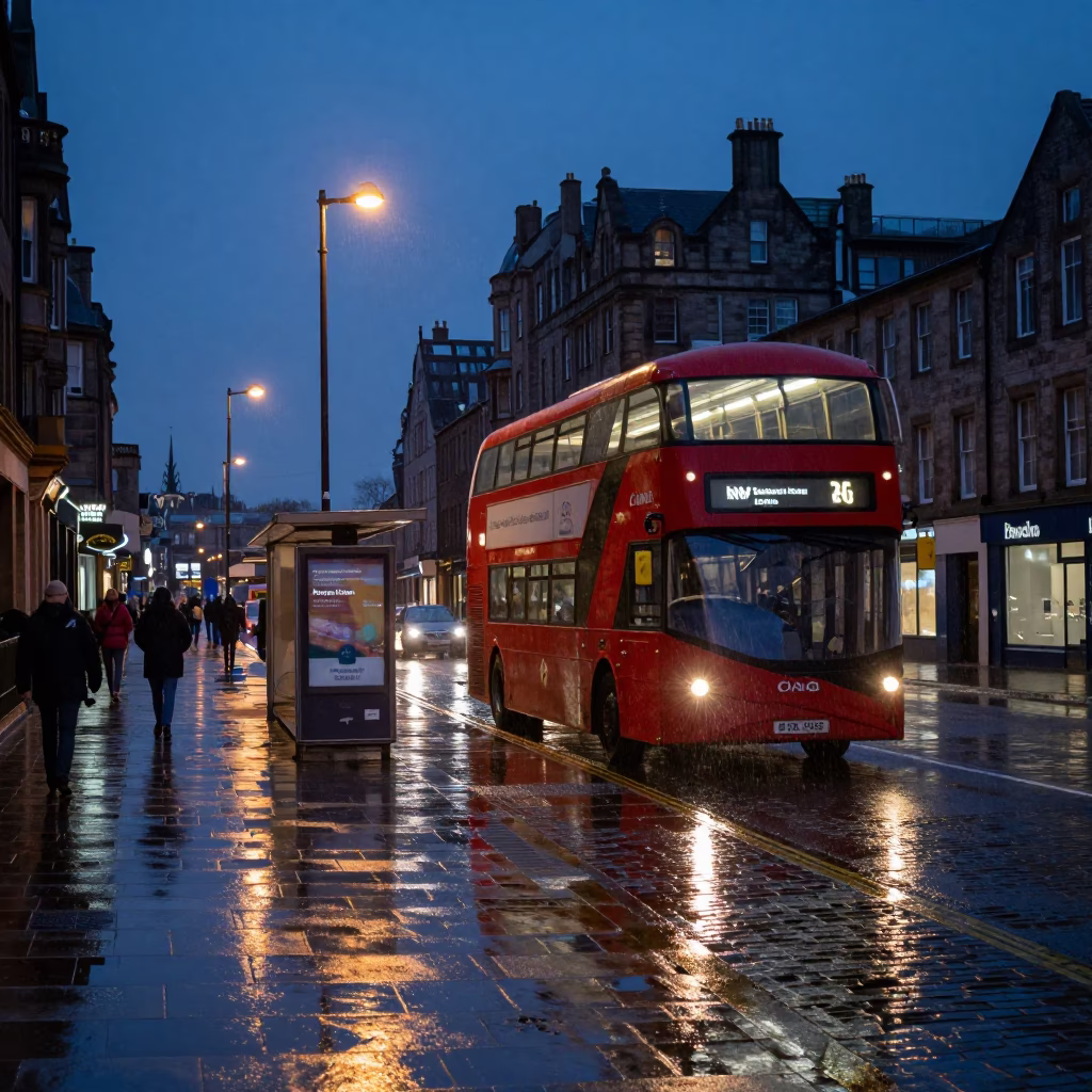 Edinburgh Scotland Indigo Twilight Double Decker Bus Rainy Street Scene in in Edinburgh, United Kingdom