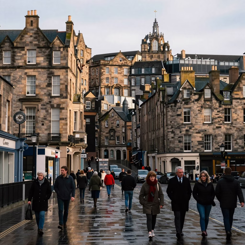 Edinburgh Scotland Late Morning Street Scene with Victorian Sandstone Architecture in in Edinburgh, United Kingdom