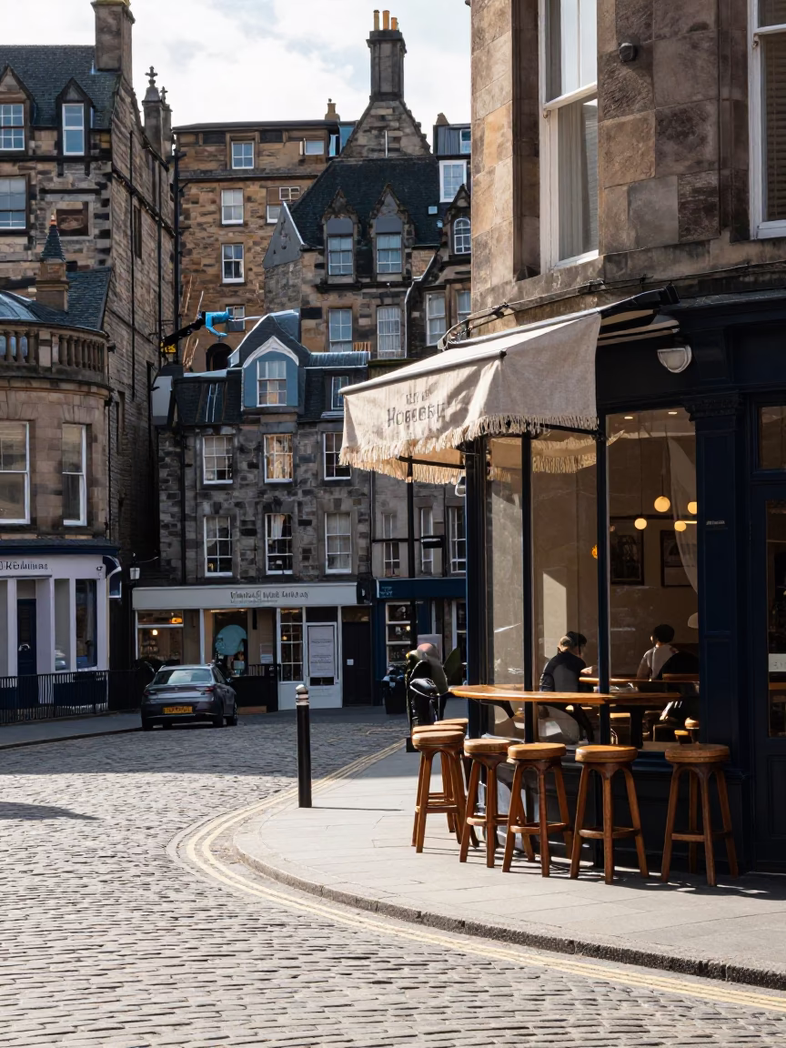 Edinburgh Scotland Midmorning Street Scene with Linen Fringe Detail and Bar Stools in in Edinburgh, United Kingdom
