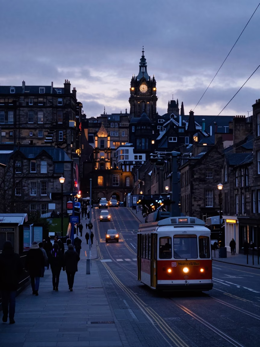 Edinburgh Scotland Pre-Dawn Street Scene with Cable Car and Urban Architecture in in Edinburgh, United Kingdom