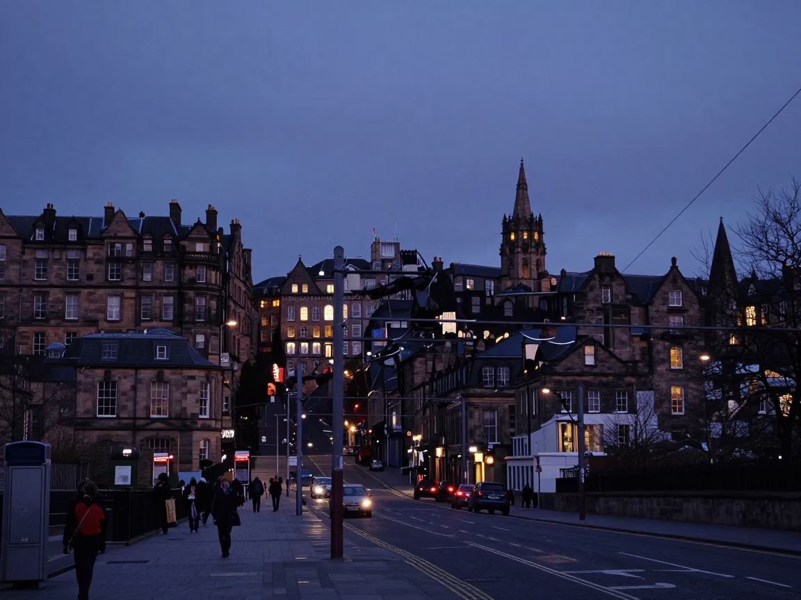 Edinburgh Scotland Pre-Dawn Street Scene with Substation Busbars and Urban Infrastructure in in Edinburgh, United Kingdom