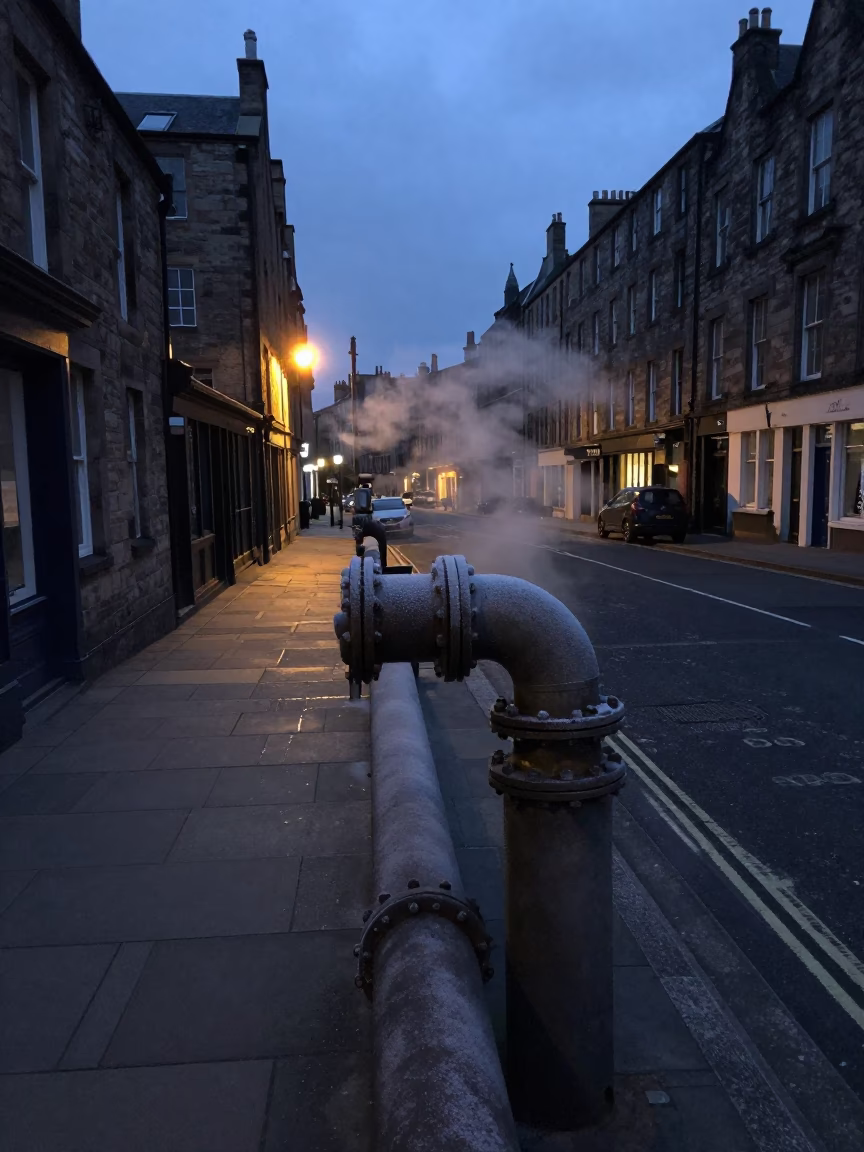 Edinburgh Scotland Predawn Street Scene with District Heating Pipes and Frost in in Edinburgh, United Kingdom
