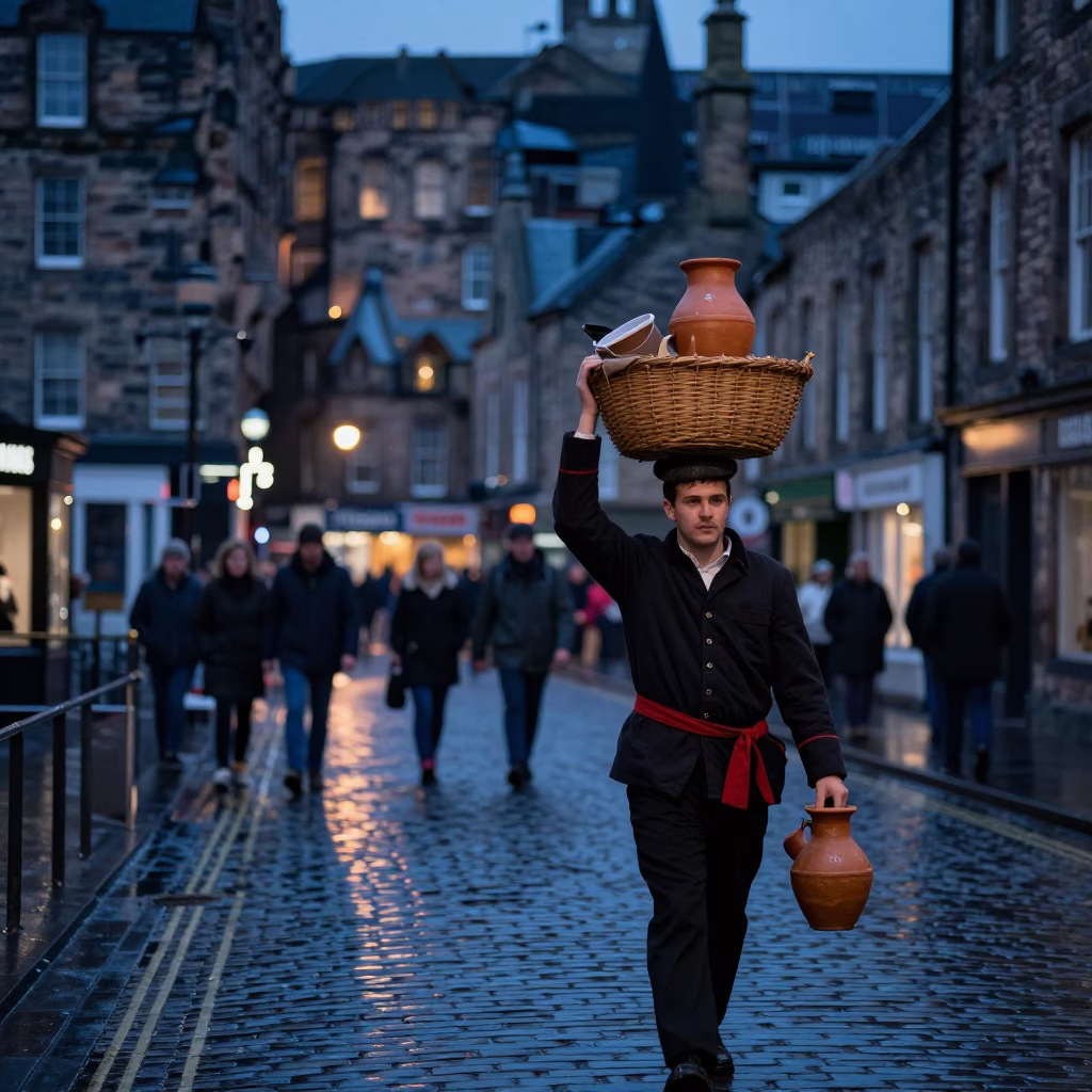 Edinburgh Scotland Predawn Street Scene with Market Porter and Terracotta Pot in in Edinburgh, United Kingdom