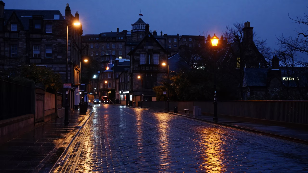 Edinburgh Scotland predawn wet street scene with amber beacon and dark architecture in in Edinburgh, United Kingdom