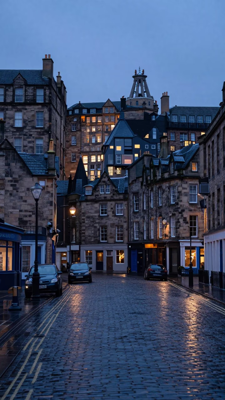 Edinburgh Scotland Twilight Street Scene with Historic Stone Architecture and Rain in in Edinburgh, United Kingdom