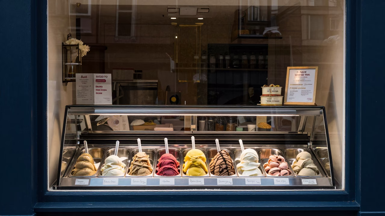Edinburgh shop window gelato display under flat noon glare in Scotland in in Edinburgh, United Kingdom