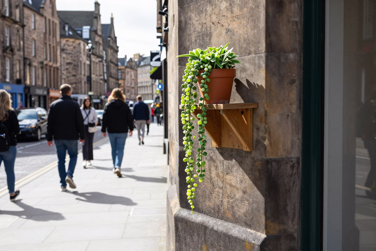 Edinburgh Street Corner at Bright Midmorning Light in in Edinburgh, United Kingdom
