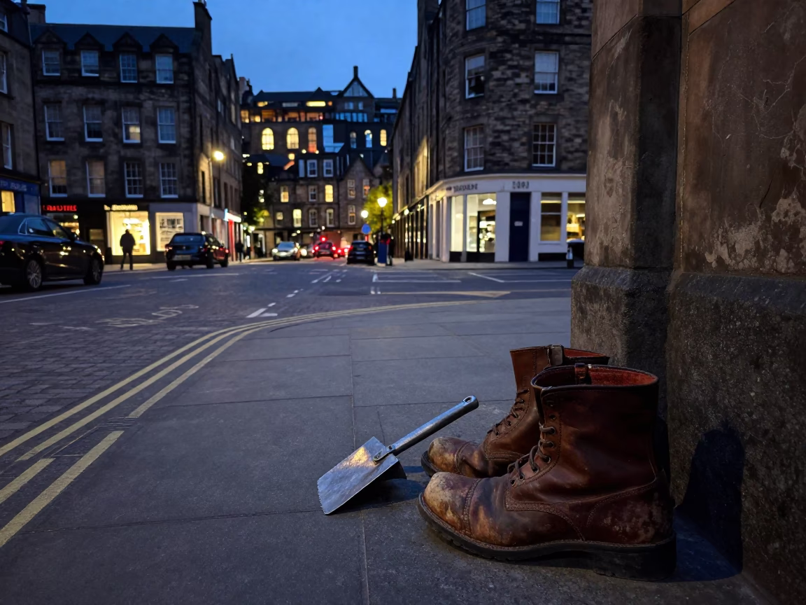 Edinburgh Street Corner at Dusk with Vintage Boots and Urban Details in in Edinburgh, United Kingdom