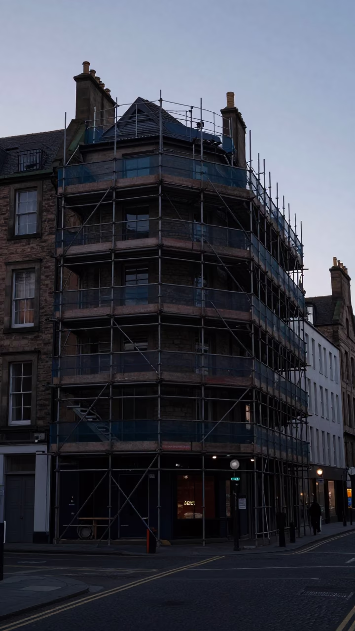 Edinburgh Street Corner Before Dawn With Scaffold Joints And Geometric Patterns Against Grey Sky in in Edinburgh, United Kingdom