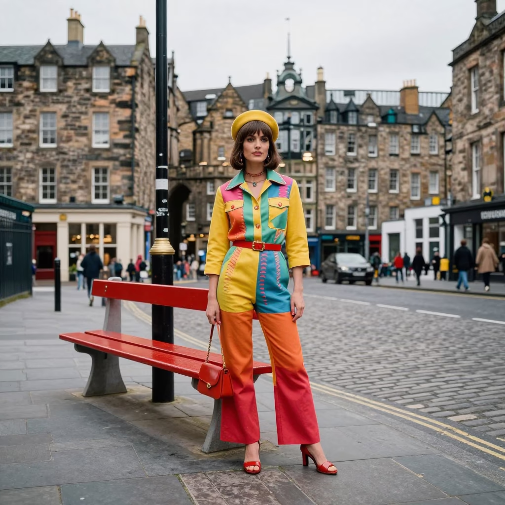 Edinburgh street corner model poses near red bench under gray sky in in Edinburgh, United Kingdom