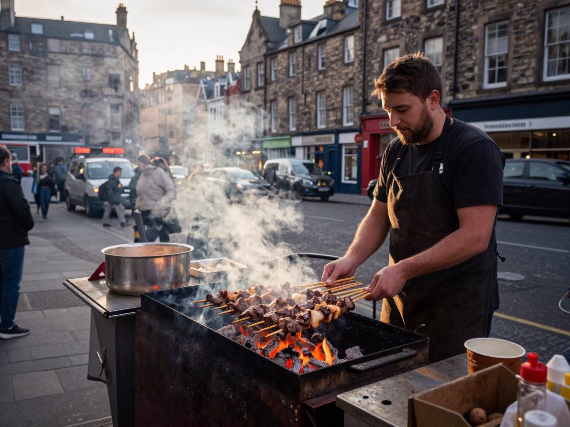 Edinburgh Street Food Vendor Grilling Kebabs in Morning Light in in Edinburgh, United Kingdom
