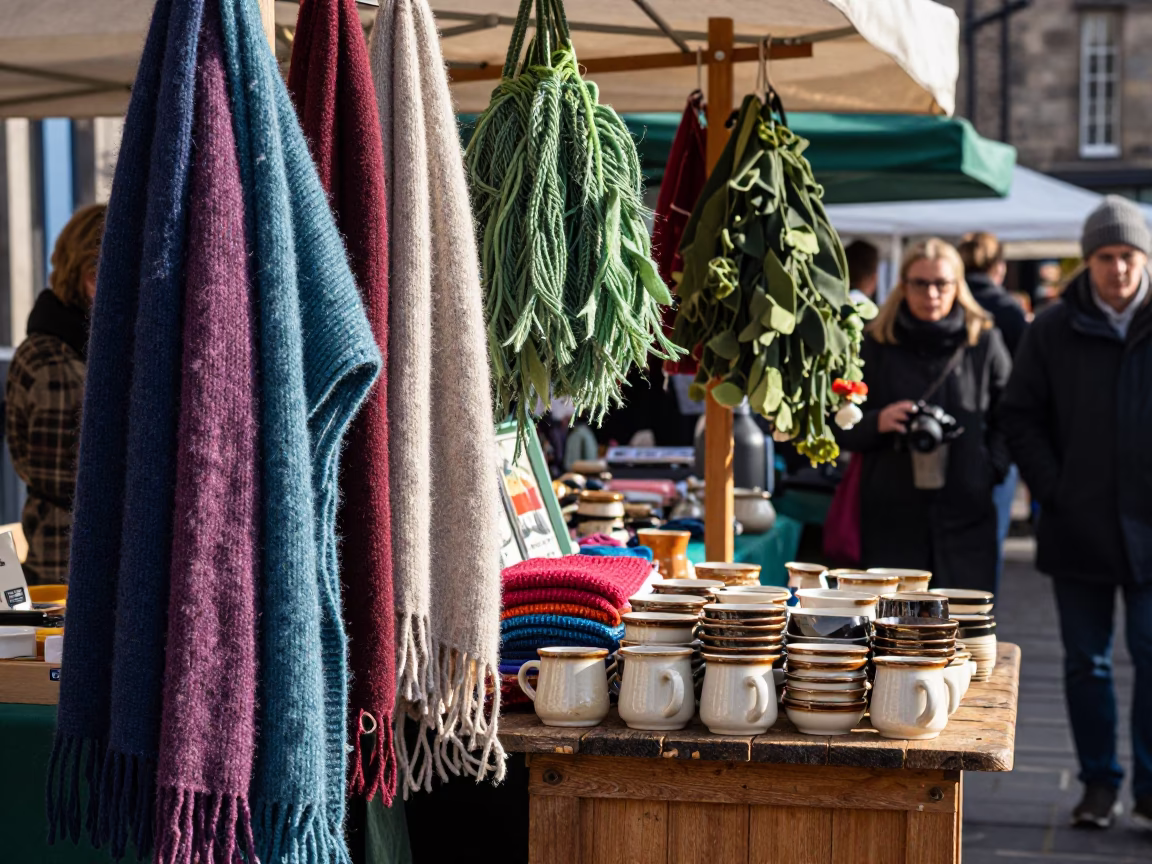 Edinburgh Street Market Scene with Wool Scarves and Ceramic Cups in Late Afternoon Light in in Edinburgh, United Kingdom