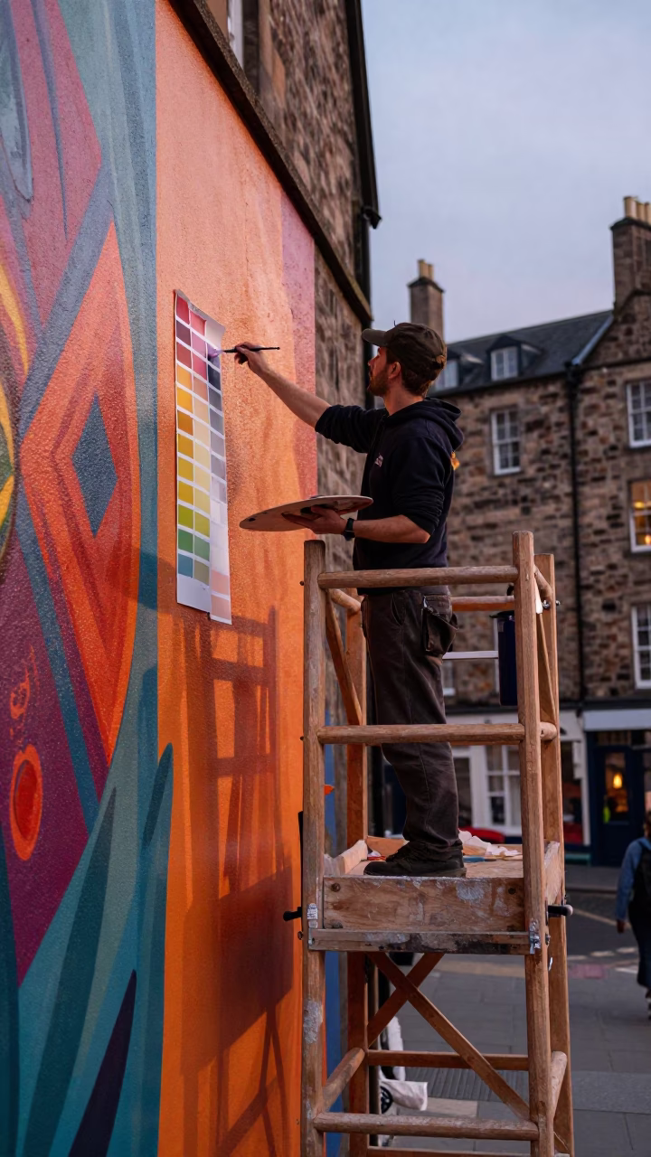 Edinburgh Street Muralist Painting Sample Swatches on Scaffold in Copper Toned Light Before Dusk in in Edinburgh, United Kingdom