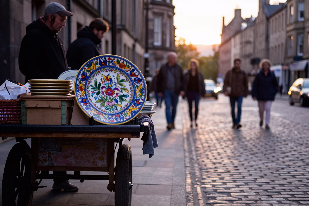 Edinburgh Street Scene After Sunrise with Vintage Majolica Plate and Apples in in Edinburgh, United Kingdom