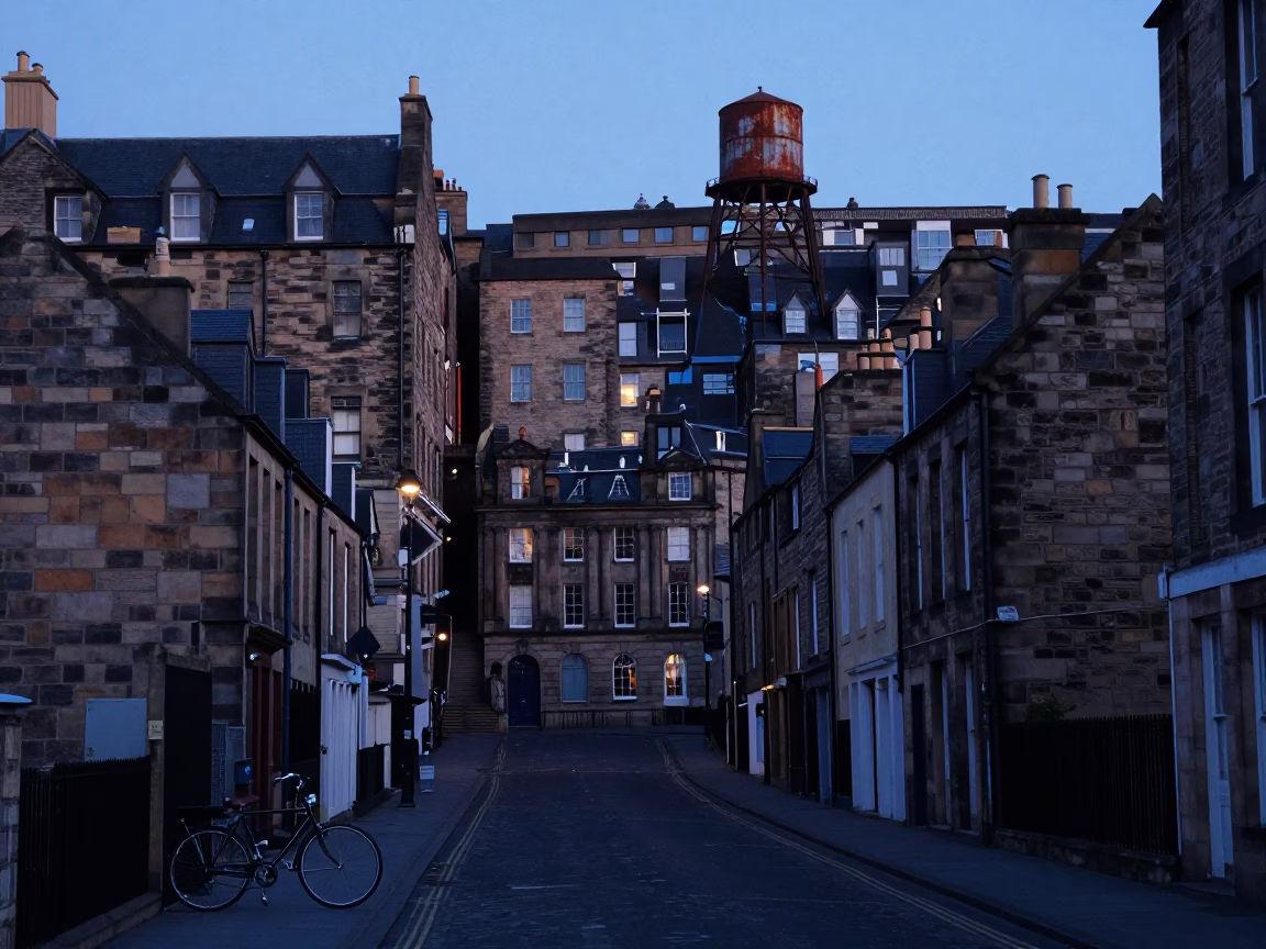 Edinburgh street scene at dawn with vintage bicycle and water tower in in Edinburgh, United Kingdom
