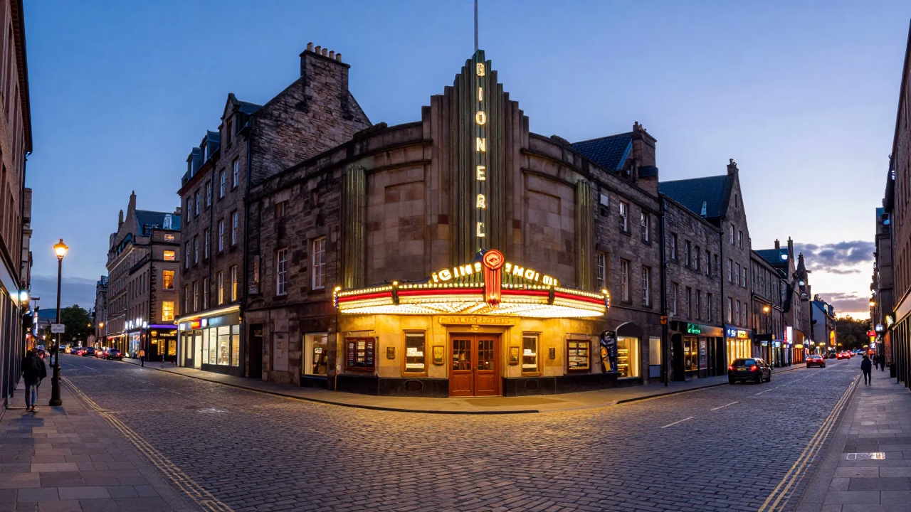 Edinburgh Street Scene at Dusk with Art Deco Cinema Facade and Urban Atmosphere in in Edinburgh, United Kingdom
