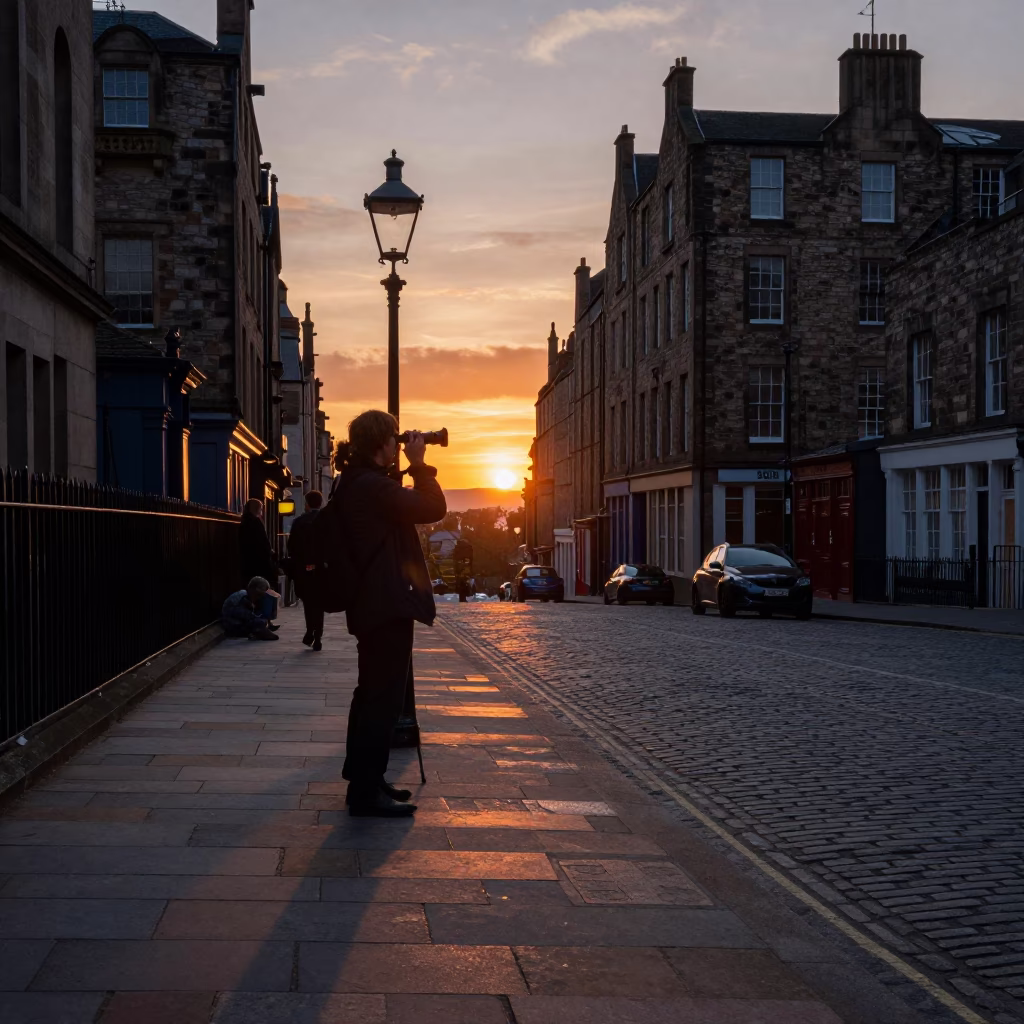 Edinburgh Street Scene at Dusk with Astronomer and Vintage Car in in Edinburgh, United Kingdom