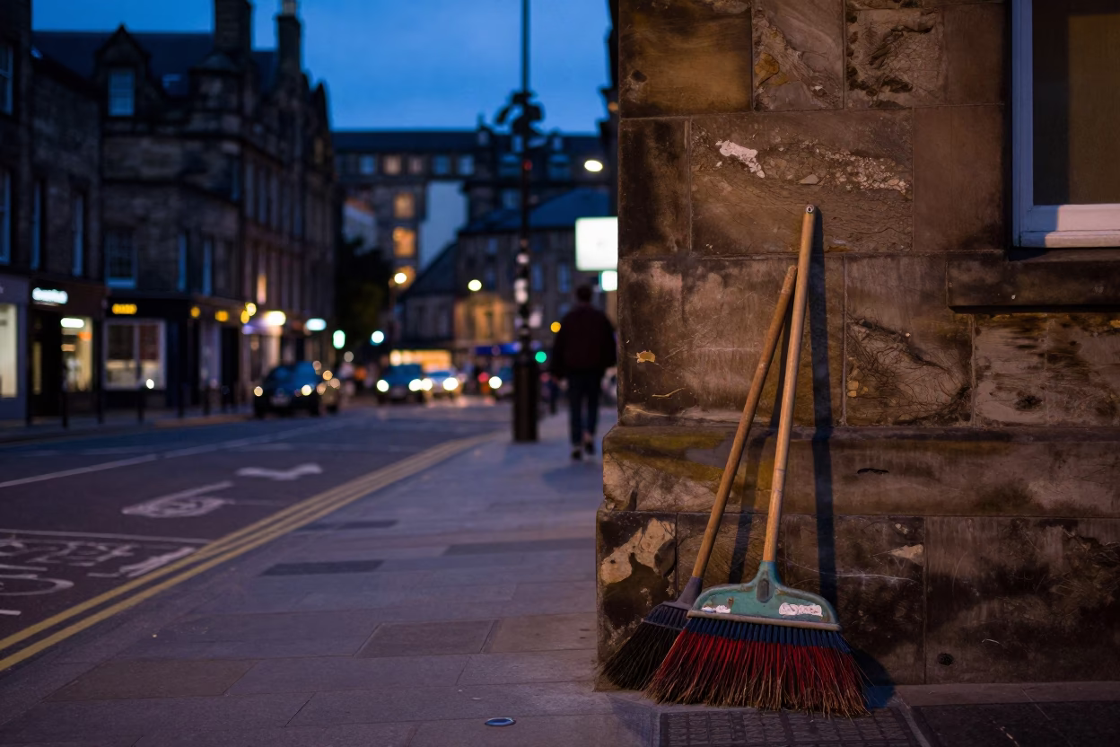 Edinburgh Street Scene at Dusk with Brooms and City Lights Glowing in in Edinburgh, United Kingdom
